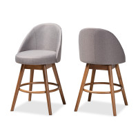 Baxton Studio BBT5355C-Grey/Walnut-CS Carra Mid-Century Modern Grey Fabric Upholstered Walnut-Finished Wood Swivel Counter Stool Set of 2